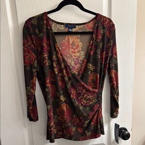 Chaps Red and Brown Wrap Blouse with 3/4 Sleeves